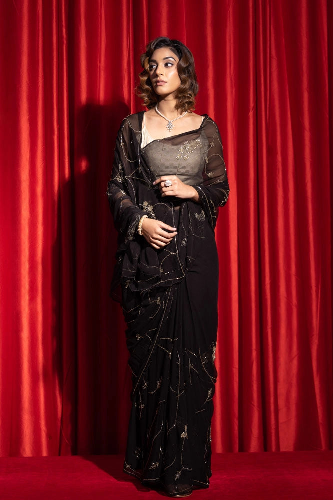 Black hand embroidered tube jaal chiffon saree