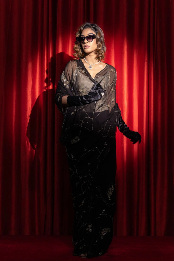 Black hand embroidered tube jaal chiffon saree