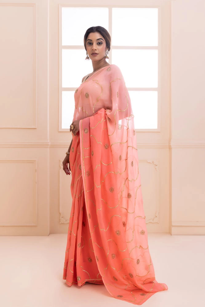 Pink handcrafted gota jaal and sequins pure chiffon saree
