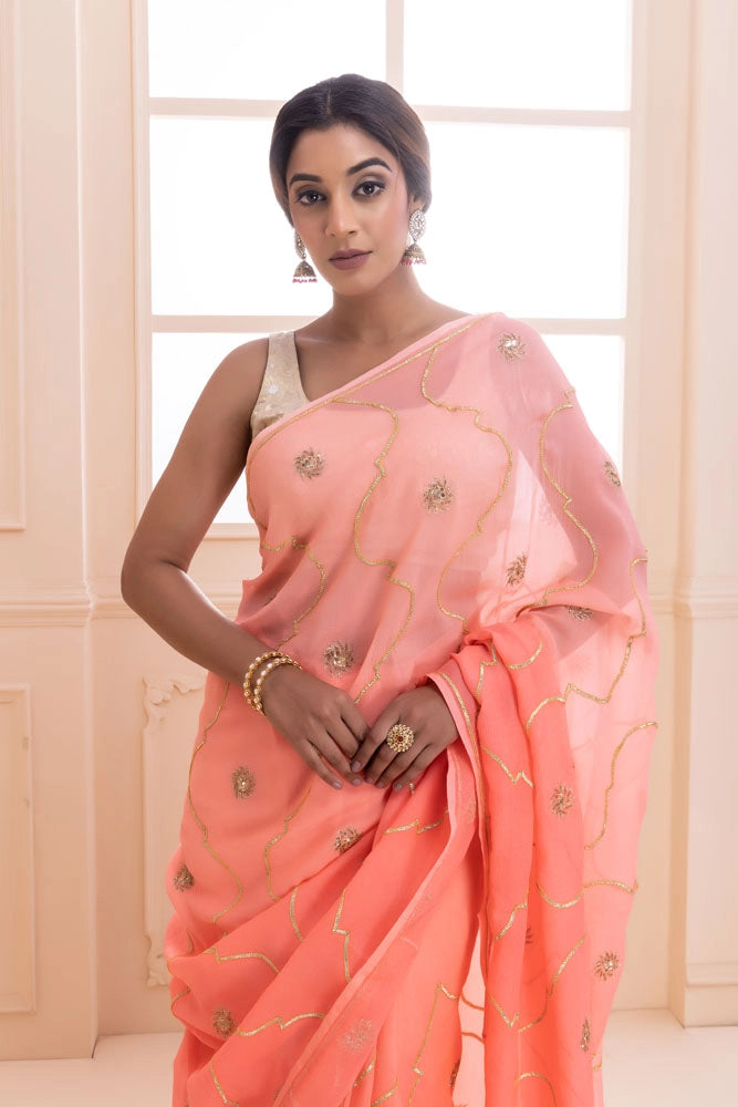Pink handcrafted gota jaal and sequins pure chiffon saree