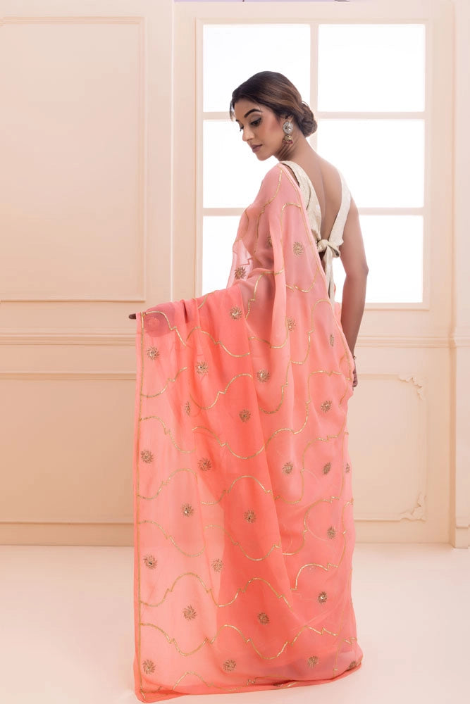 Pink handcrafted gota jaal and sequins pure chiffon saree