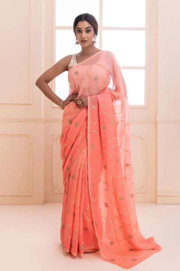 Pink handcrafted gota jaal and sequins pure chiffon saree