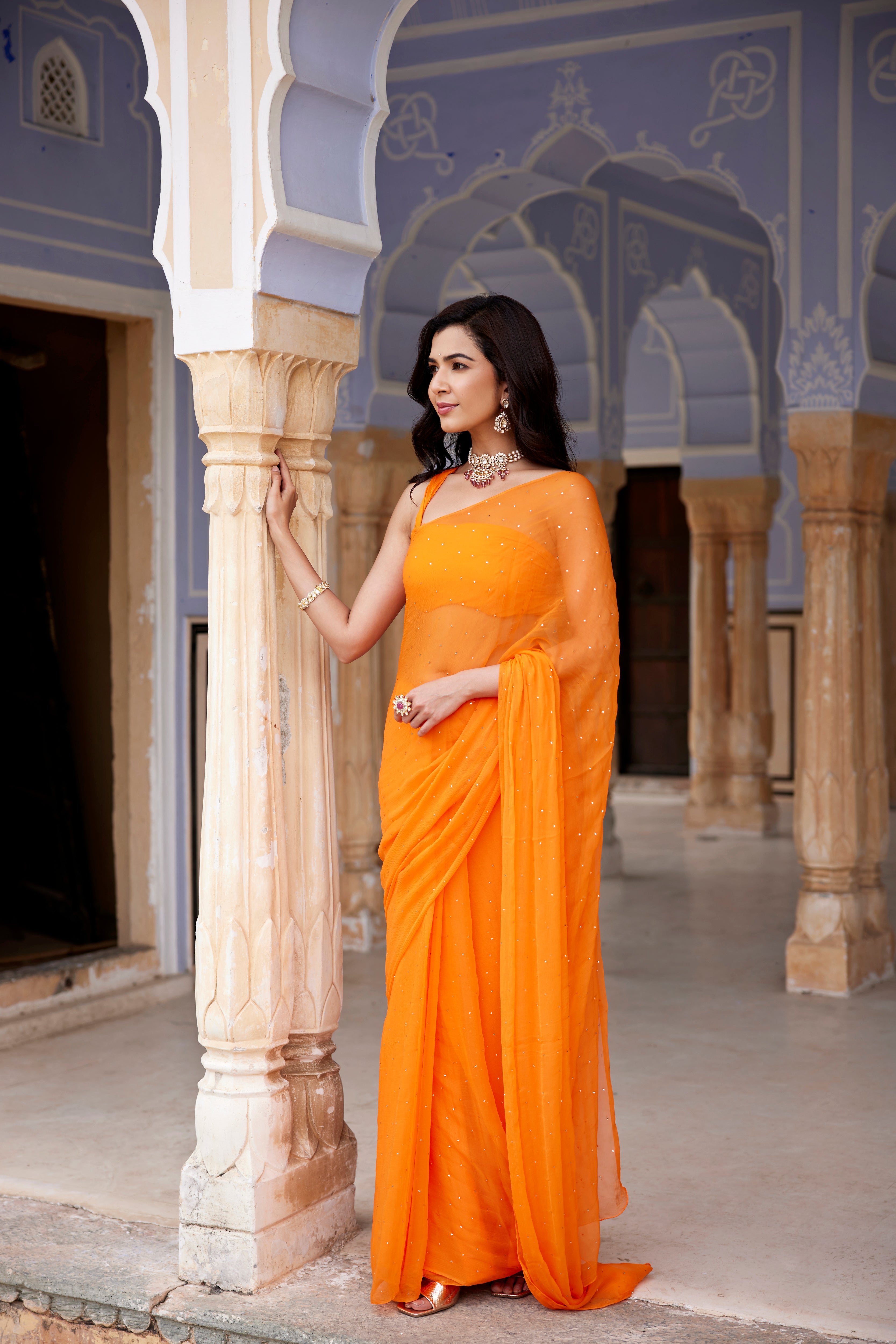 Orange Hand Embroidered Mukaish Chiffon Saree