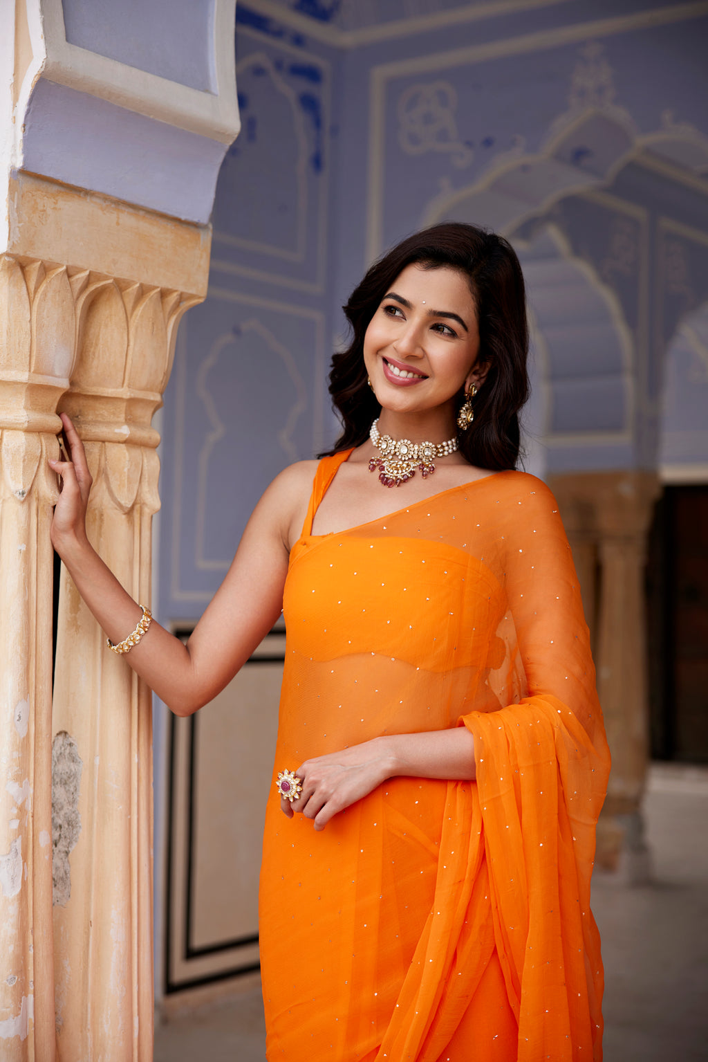Orange Hand Embroidered Mukaish Chiffon Saree