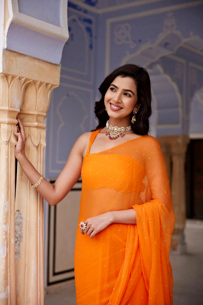 Orange Hand Embroidered Mukaish Chiffon Saree