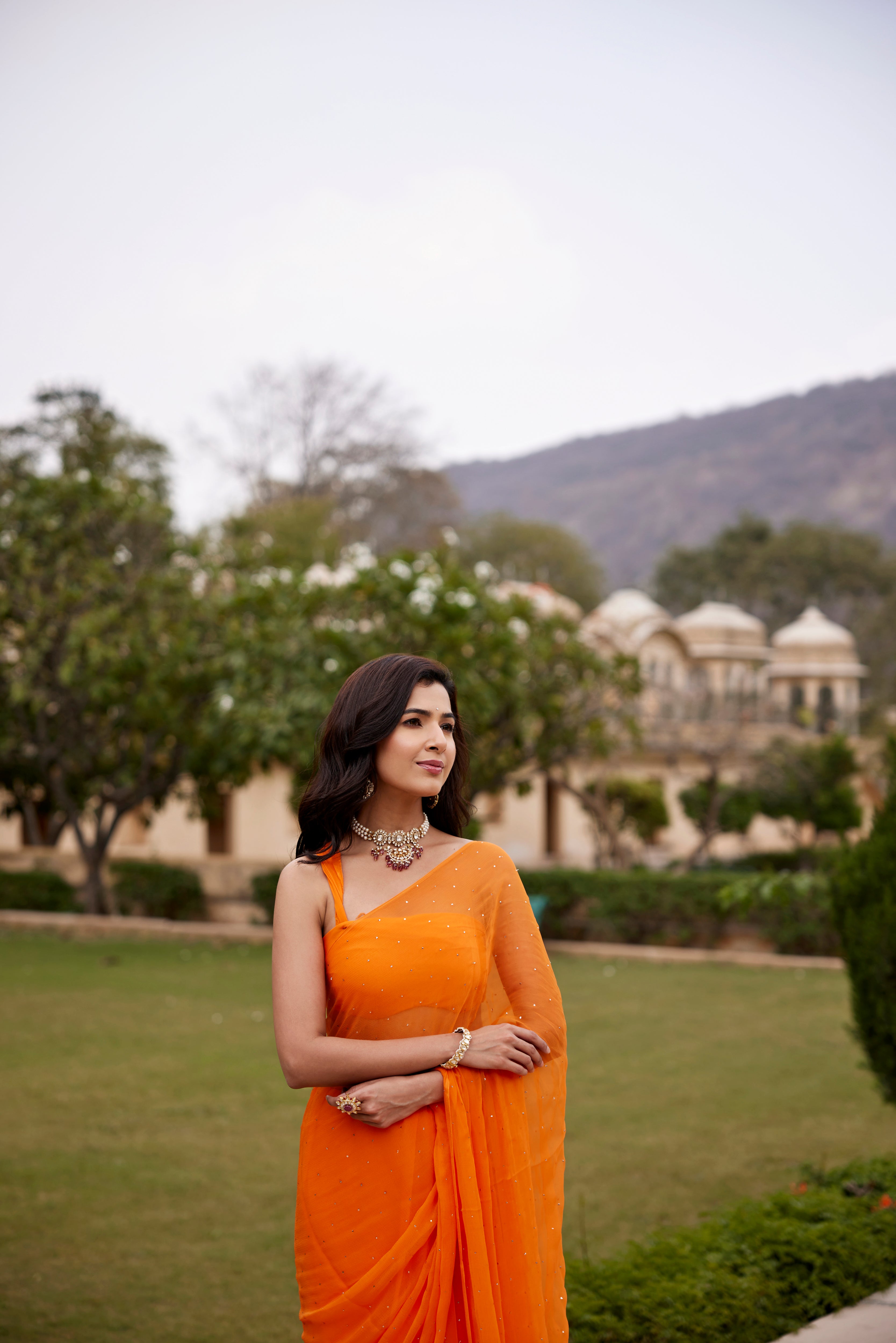 Orange Hand Embroidered Mukaish Chiffon Saree