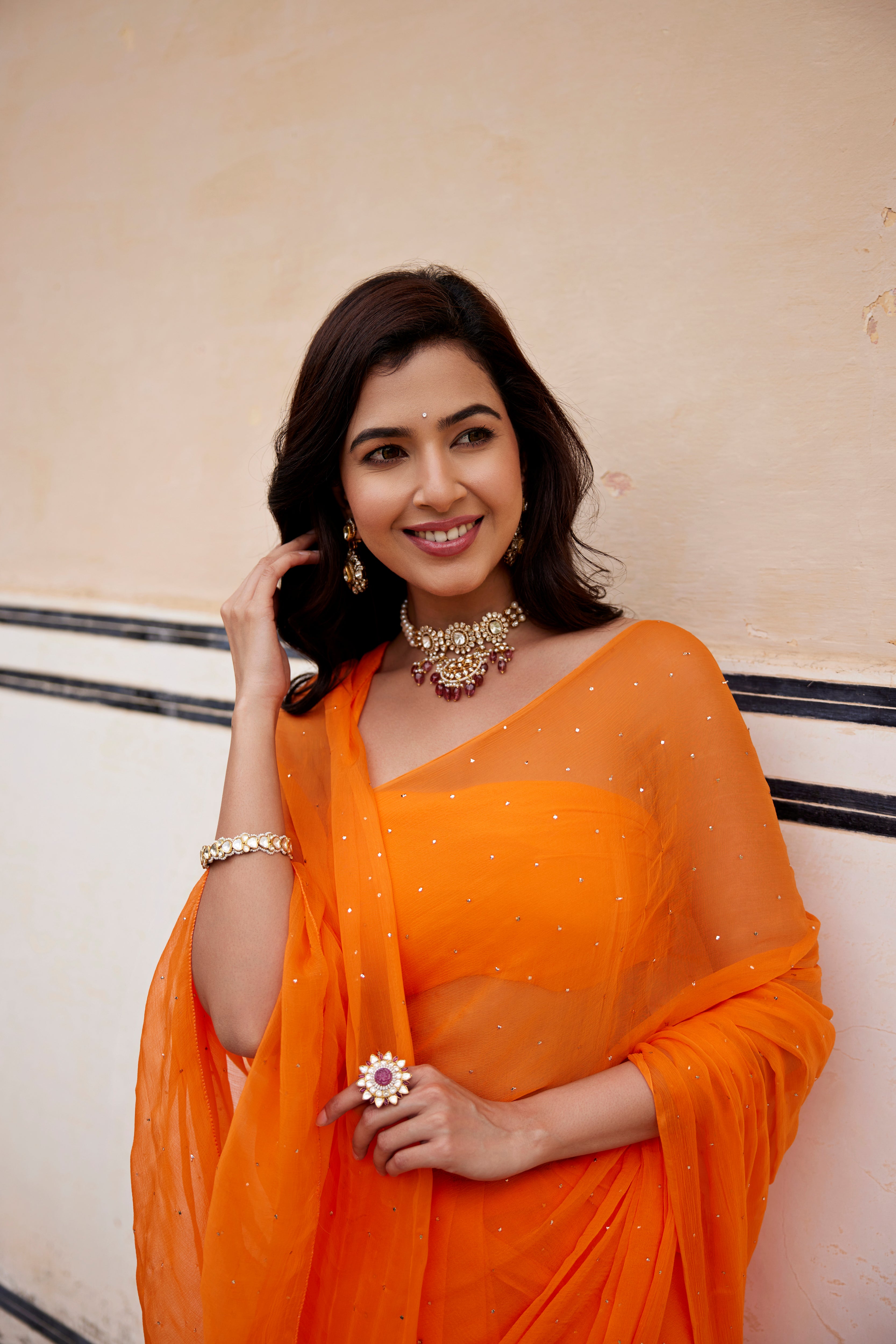 Orange Hand Embroidered Mukaish Chiffon Saree