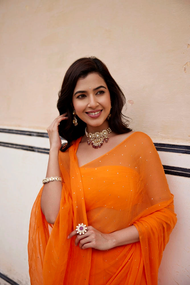 Orange Hand Embroidered Mukaish Chiffon Saree