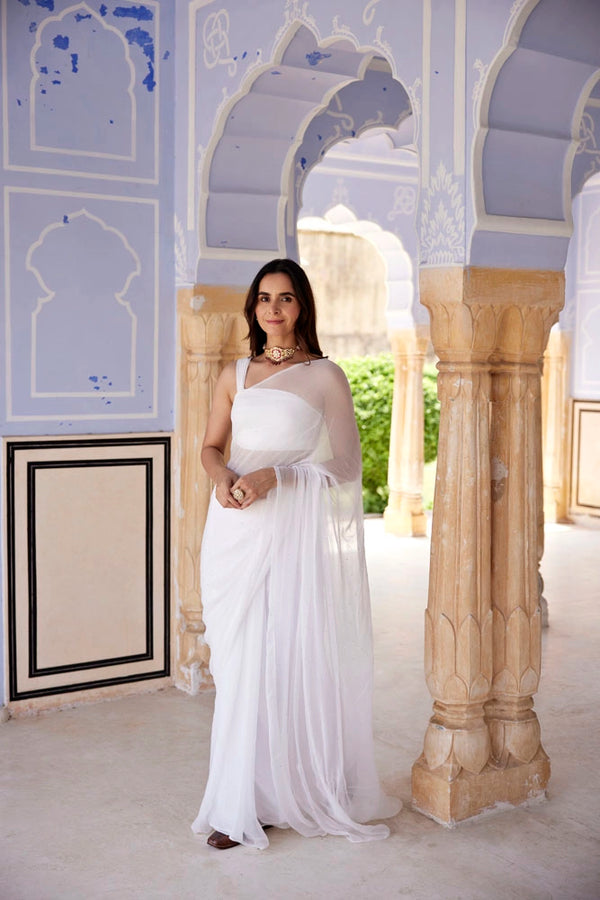 White Hand Embroidered Mukaish Chiffon Saree