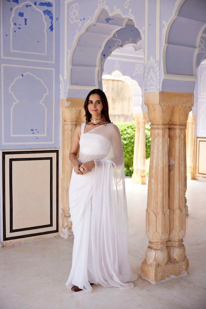 White Hand Embroidered Mukaish Chiffon Saree