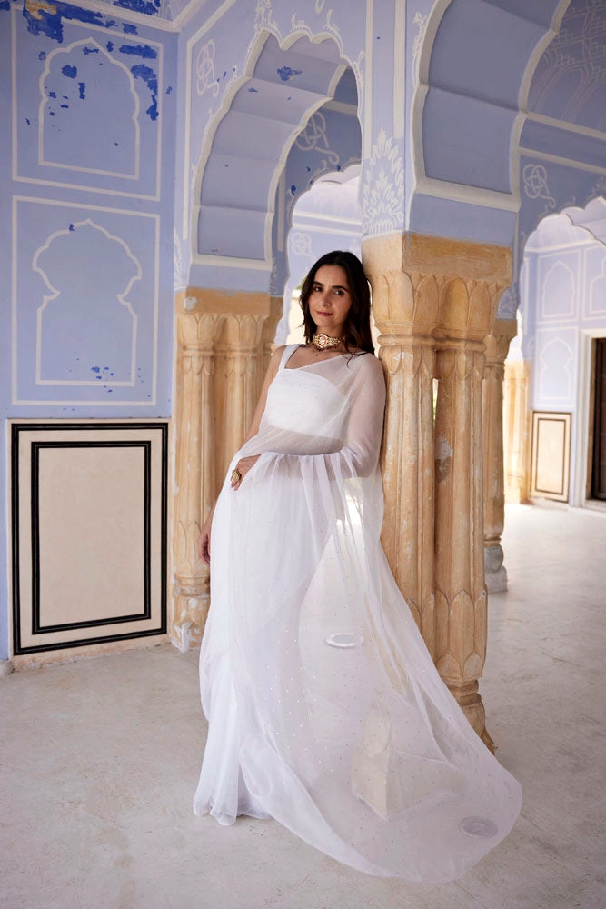 White Hand Embroidered Mukaish Chiffon Saree