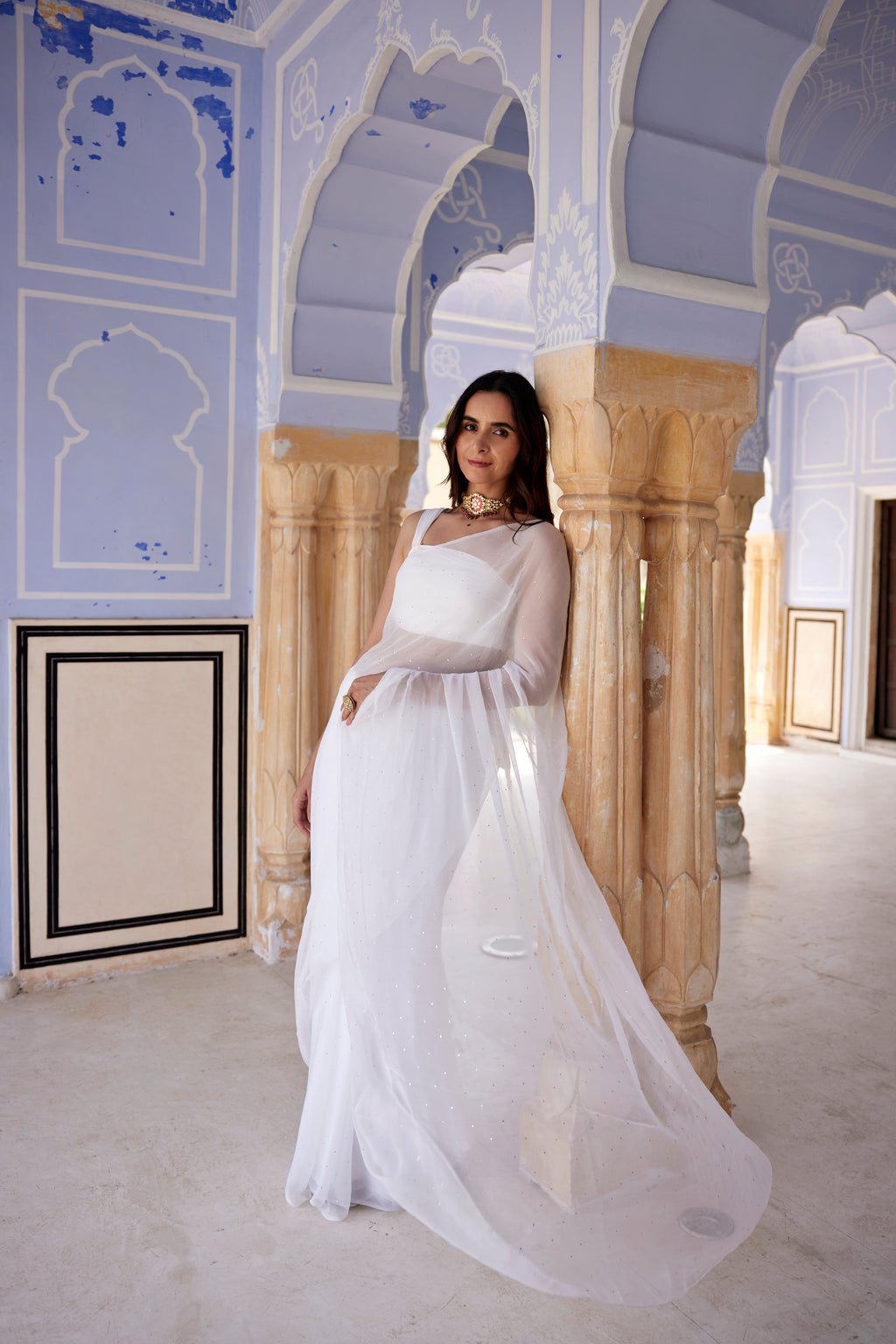 White Hand Embroidered Mukaish Chiffon Saree