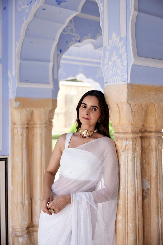 White Hand Embroidered Mukaish Chiffon Saree