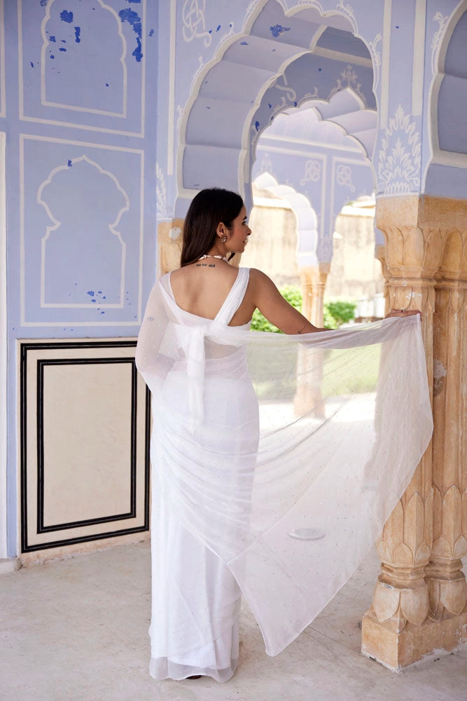 White Hand Embroidered Mukaish Chiffon Saree