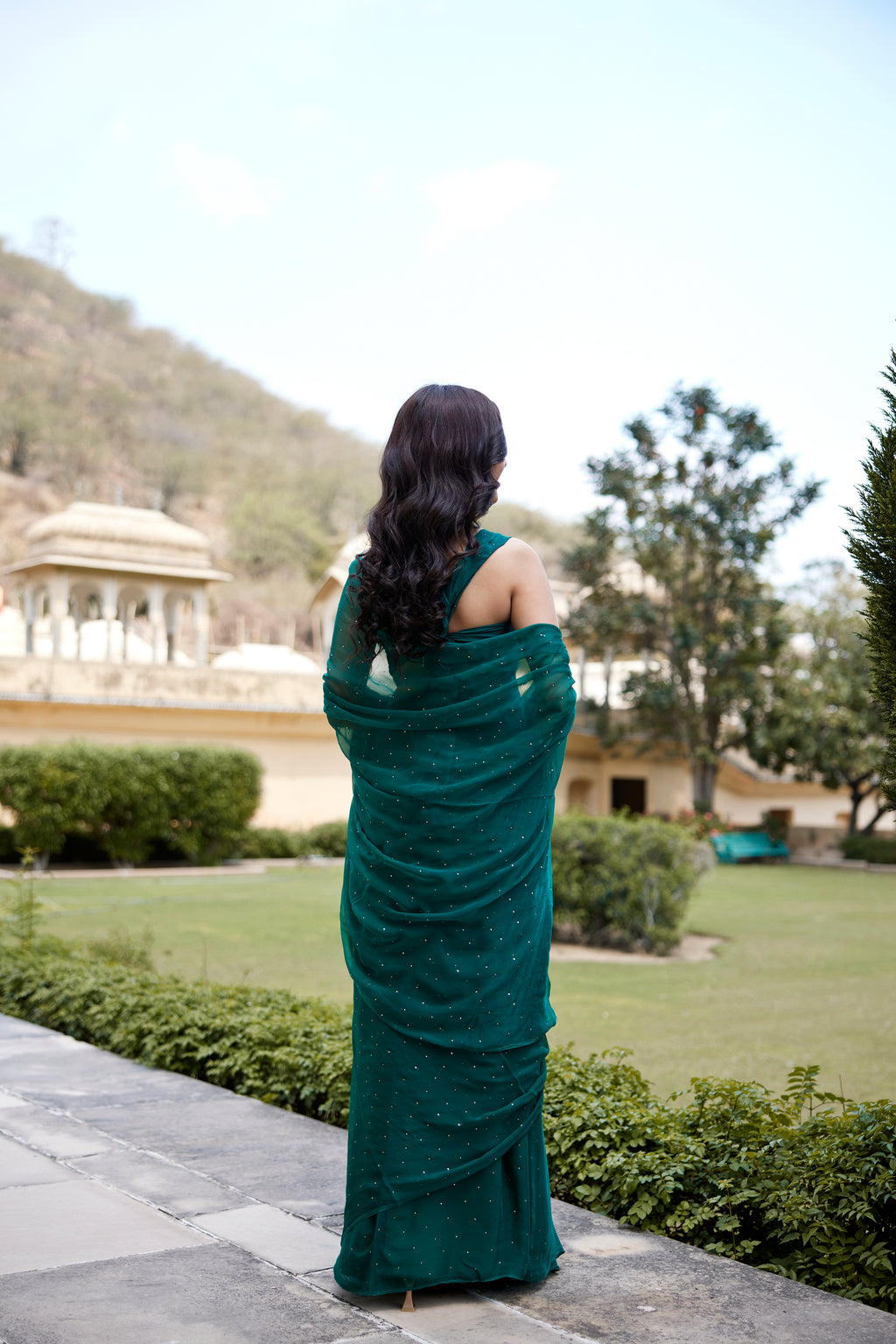 Bottle Green Hand Embroidered Mukaish Chiffon Saree