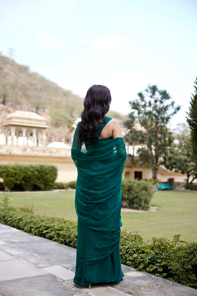 Bottle Green Hand Embroidered Mukaish Chiffon Saree
