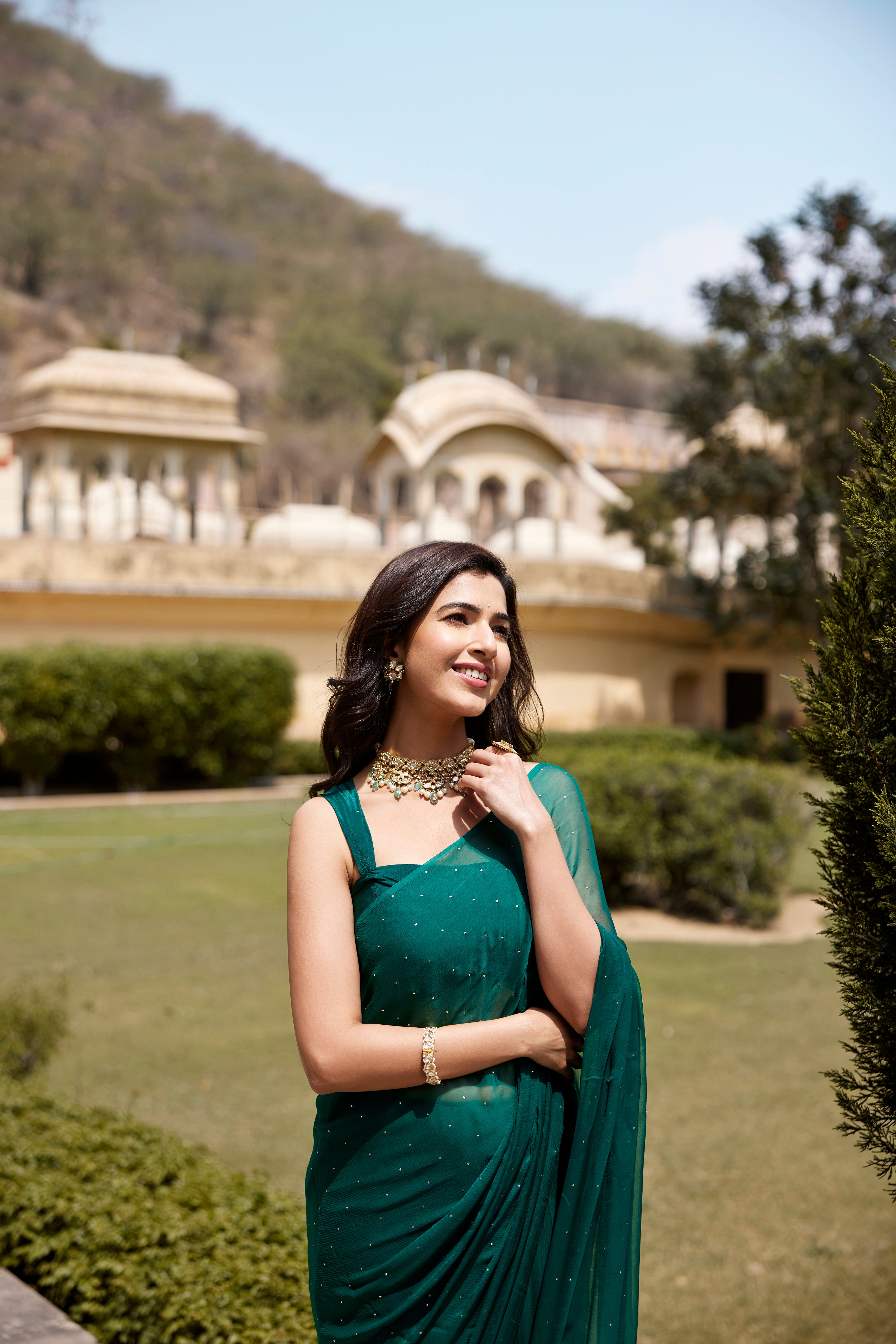 Bottle Green Hand Embroidered Mukaish Chiffon Saree