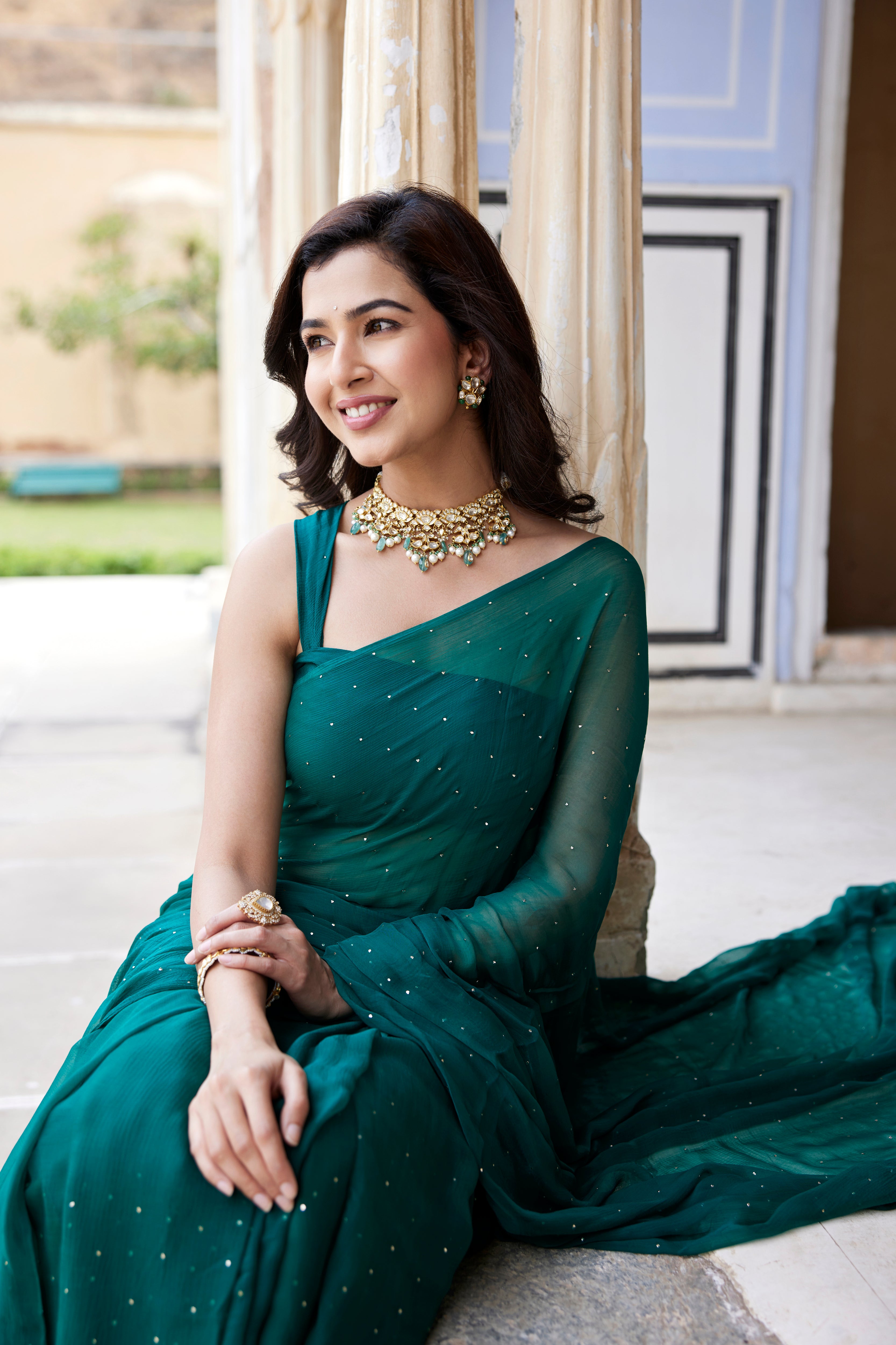 Bottle Green Hand Embroidered Mukaish Chiffon Saree