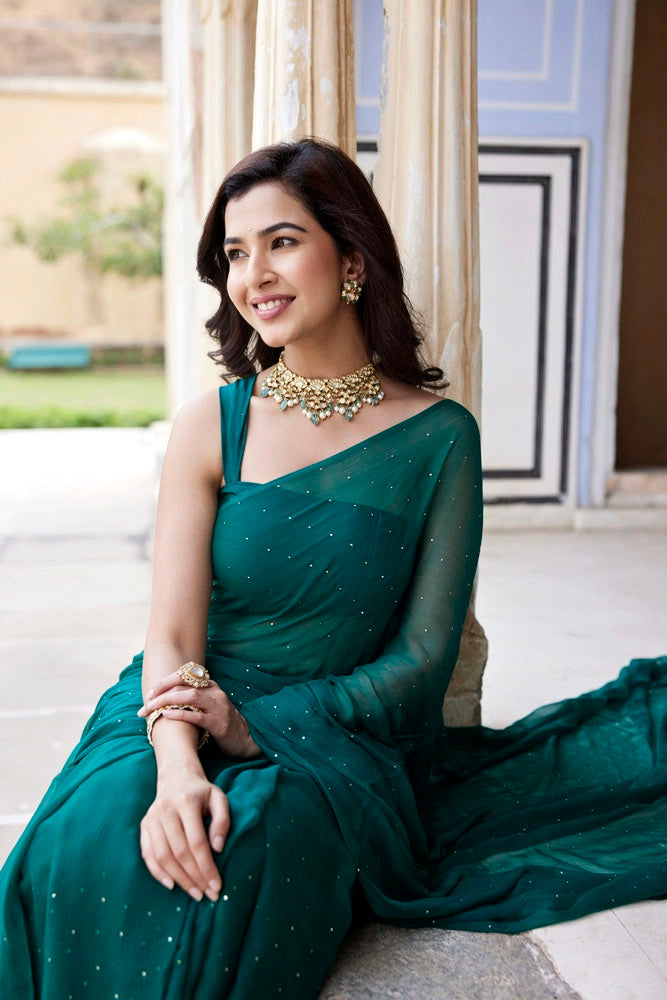 Bottle Green Hand Embroidered Mukaish Chiffon Saree
