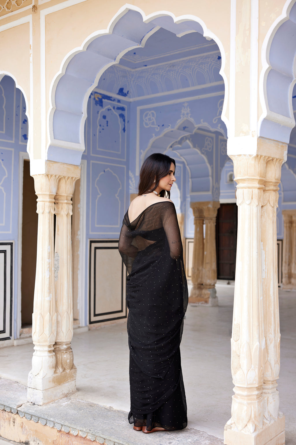 Black Hand Embroidered Mukaish Chiffon Saree