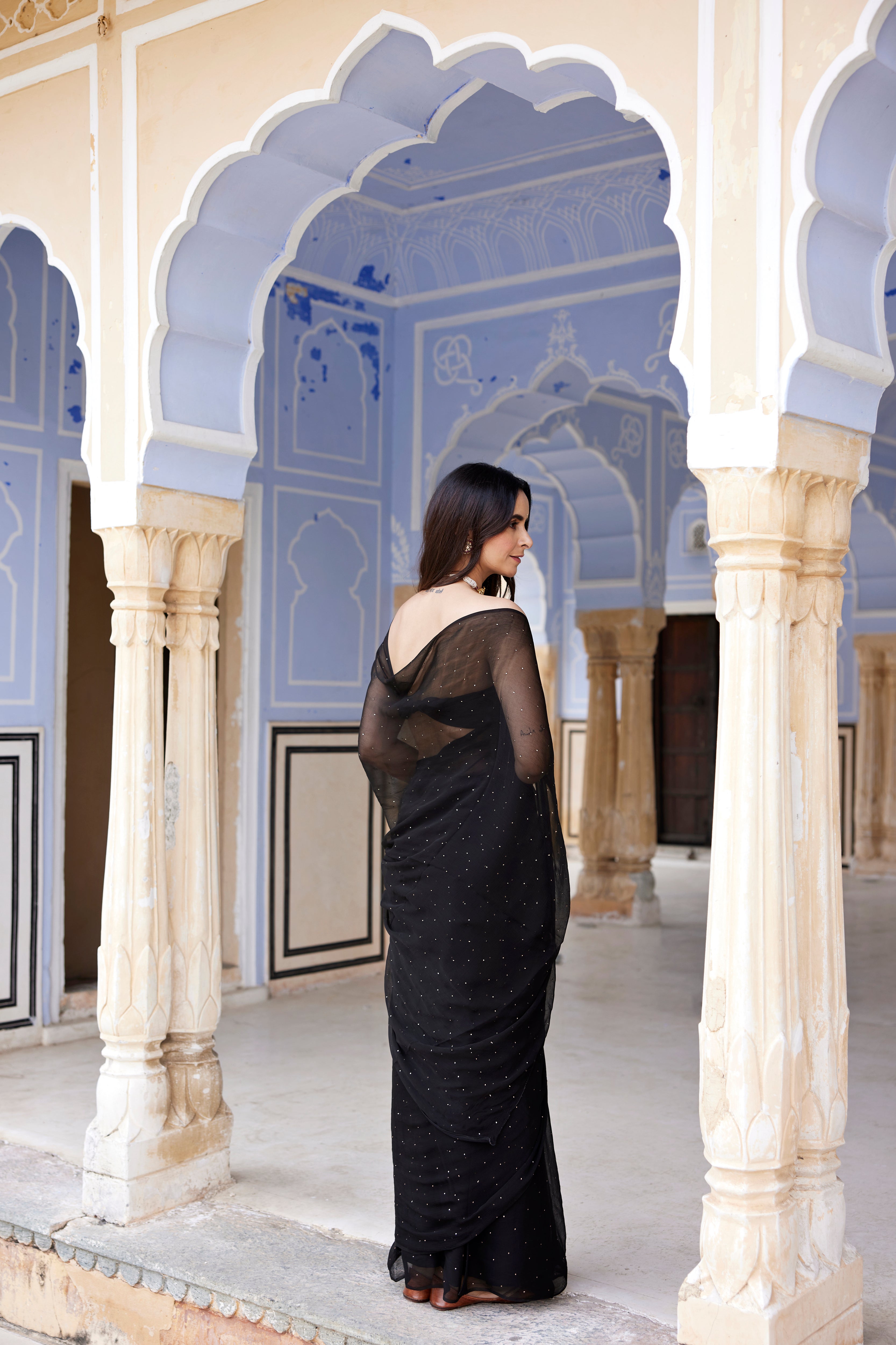 Black Hand Embroidered Mukaish Chiffon Saree