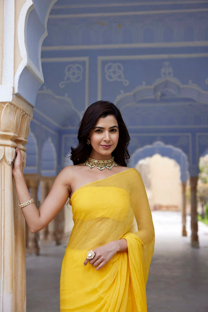 Yellow Hand Embroidered Mukaish Chiffon Saree
