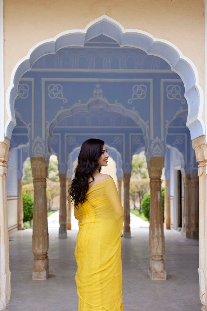 Yellow Hand Embroidered Mukaish Chiffon Saree