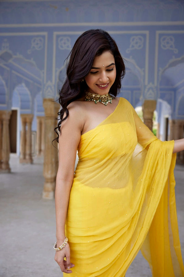 Yellow Hand Embroidered Mukaish Chiffon Saree