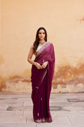Wine Hand Embroidered Gota Patti Chiffon Saree