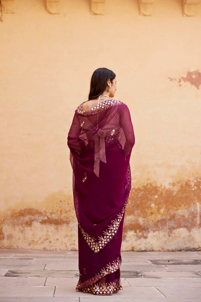Wine Hand Embroidered Gota Patti Chiffon Saree