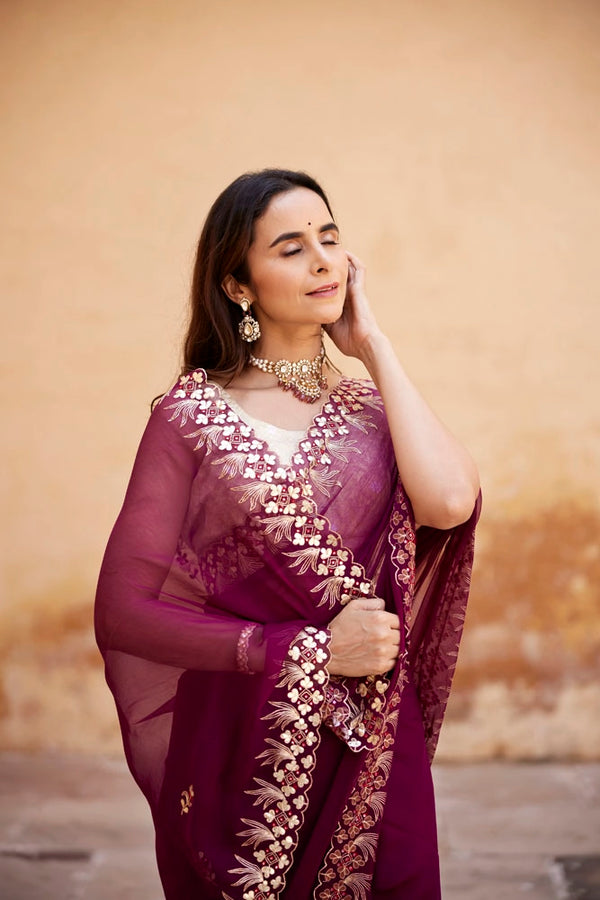 Wine Hand Embroidered Gota Patti Chiffon Saree