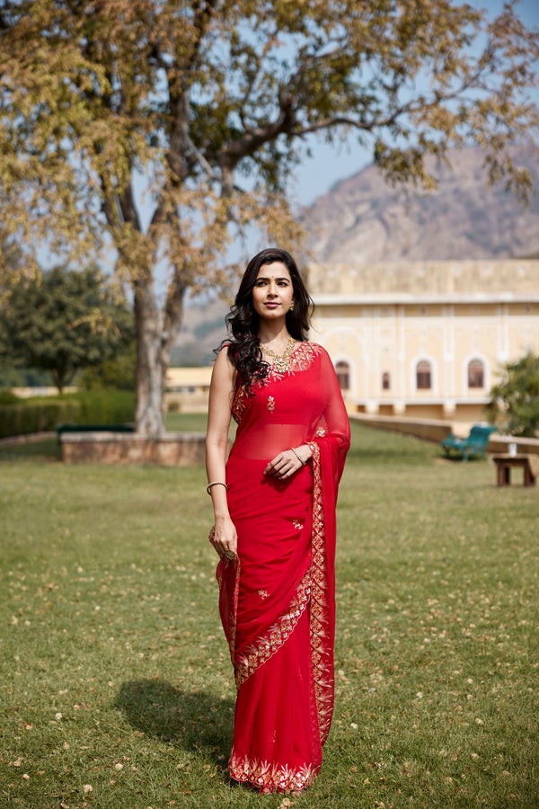Red Hand Embroidered Gota Patti Chiffon Saree