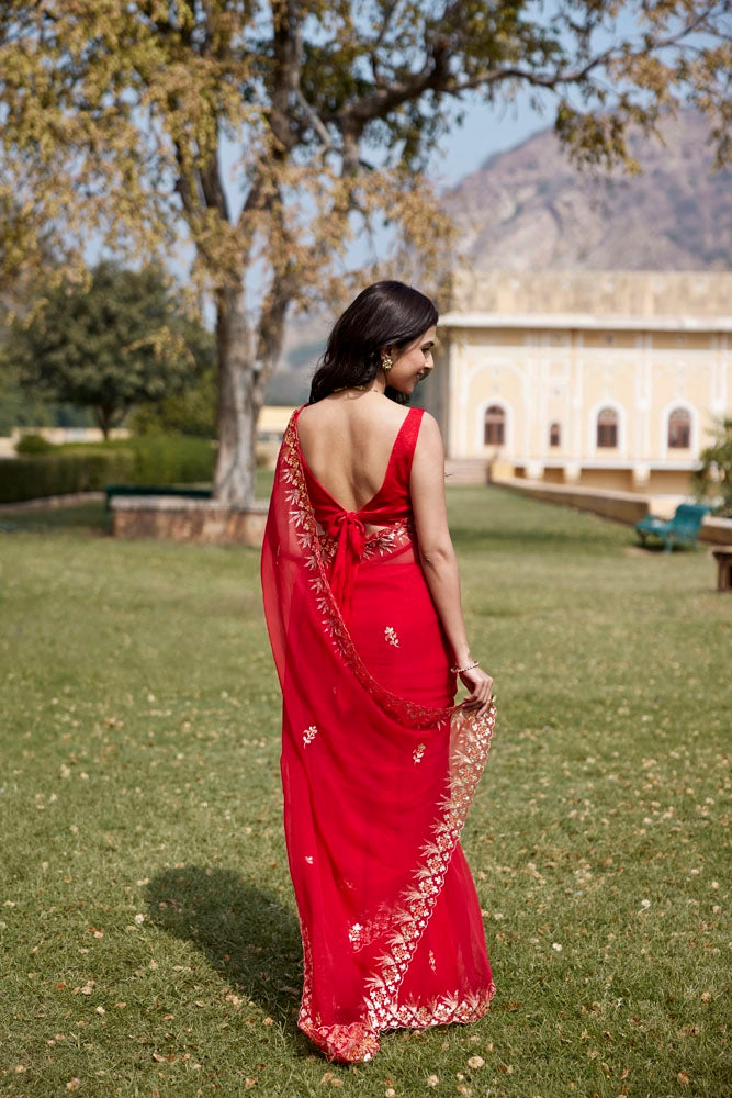 Red Hand Embroidered Gota Patti Chiffon Saree