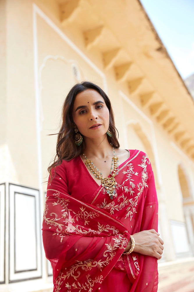 Dark Pink Hand Embroidered Aari-Zardozi Chiffon Saree