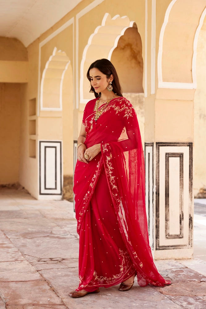 Dark Pink Hand Embroidered Aari-Zardozi Chiffon Saree