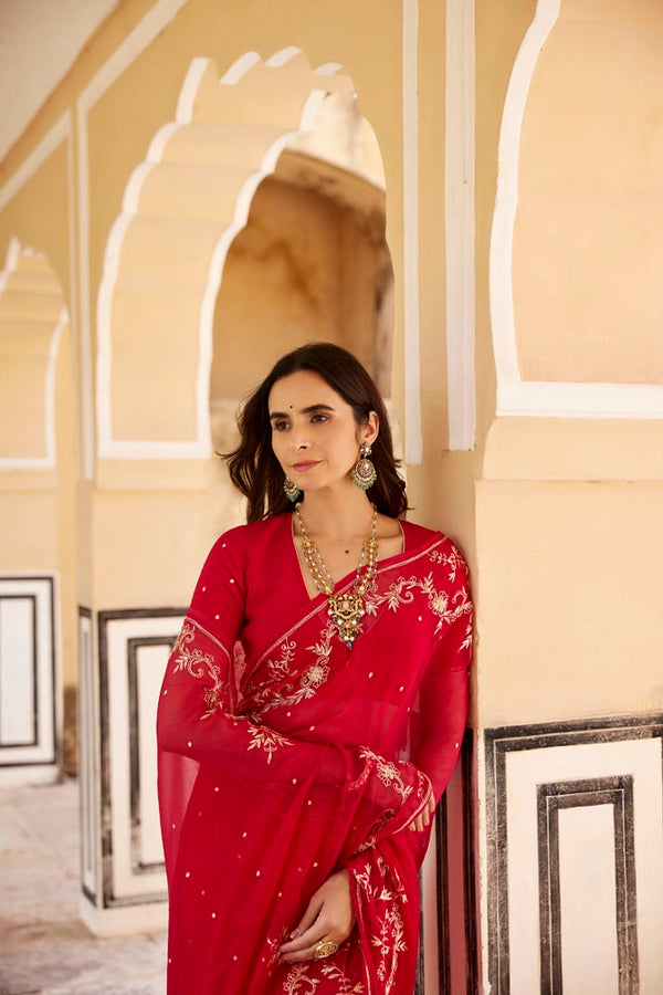 Dark Pink Hand Embroidered Aari-Zardozi Chiffon Saree