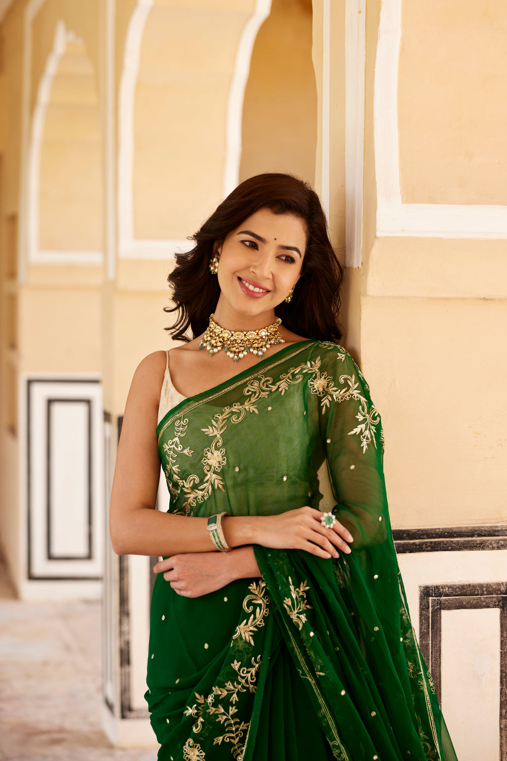 Green Hand Embroidered Aari-Zardozi Chiffon Saree