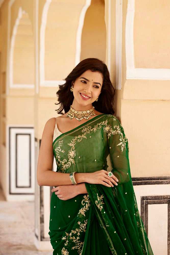 Green Hand Embroidered Aari-Zardozi Chiffon Saree