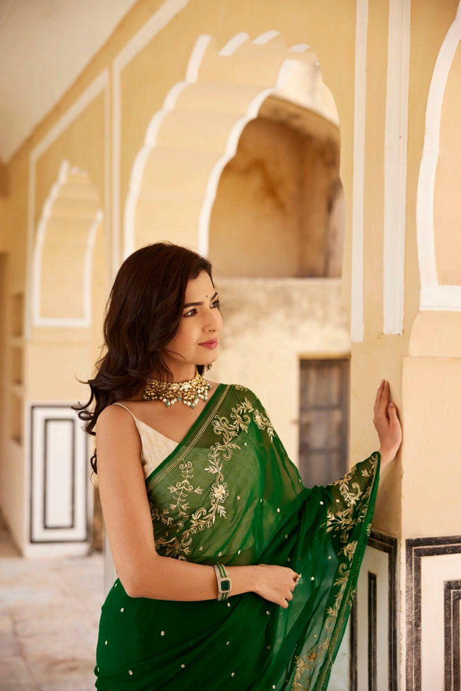 Green Hand Embroidered Aari-Zardozi Chiffon Saree