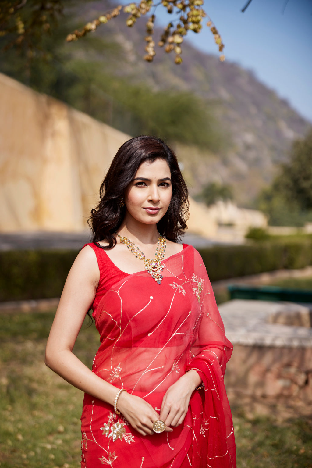 Red-Orange Shaded Hand Embroidered Jaal Chiffon Saree