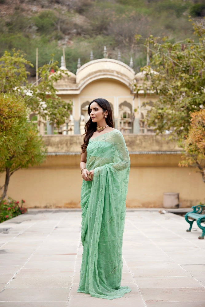 Green Handcrafted Sequins Jaal Chiffon Saree