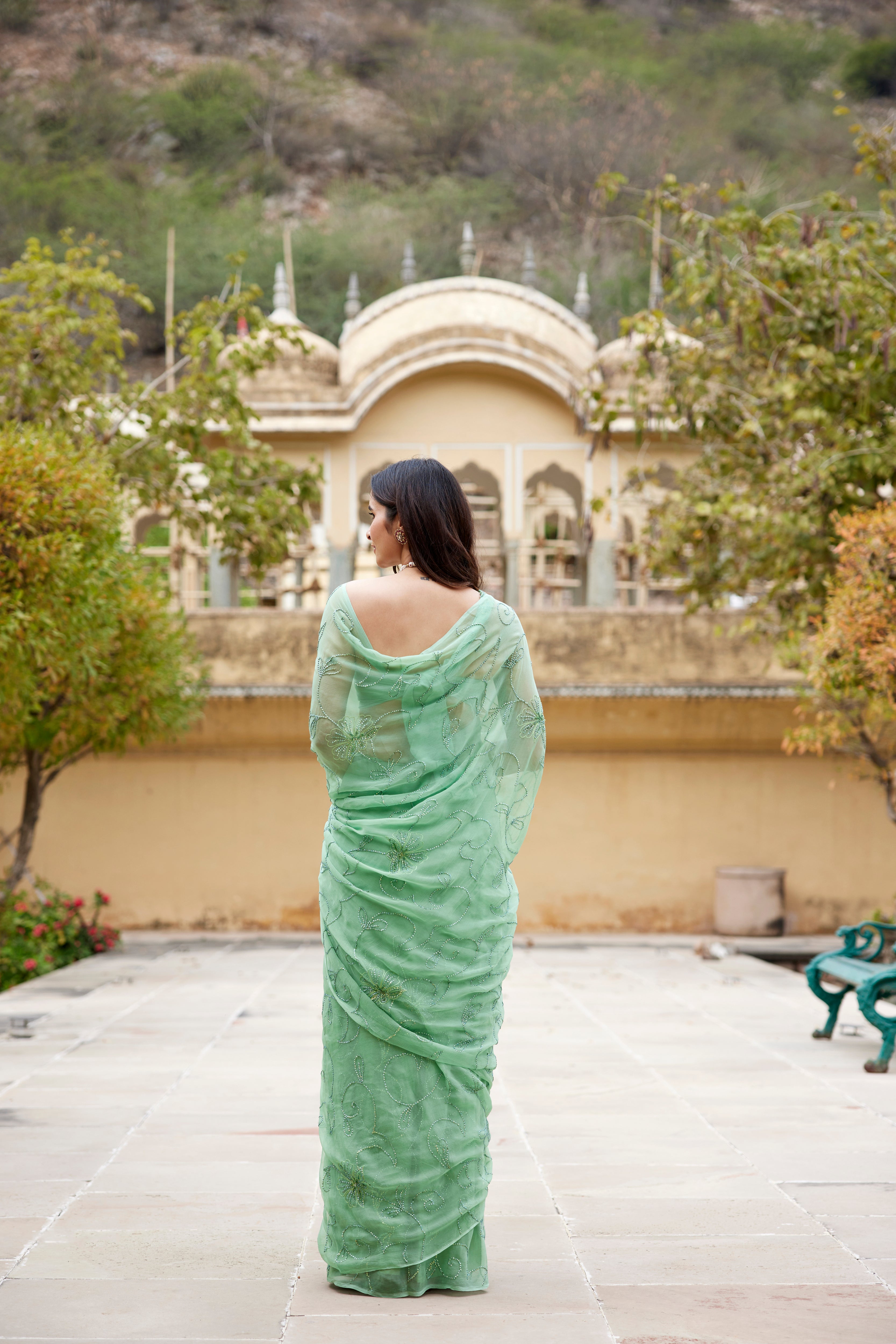 Green Handcrafted Sequins Jaal Chiffon Saree