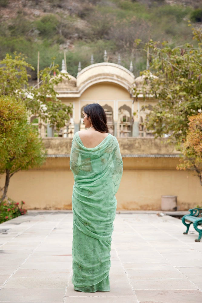 Green Handcrafted Sequins Jaal Chiffon Saree