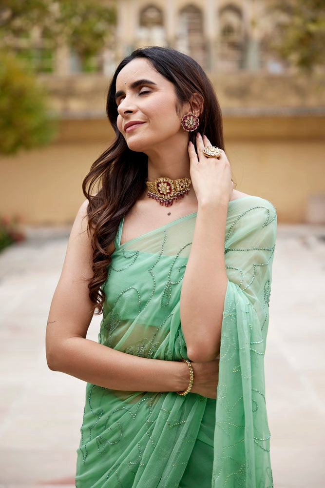 Green Handcrafted Sequins Jaal Chiffon Saree