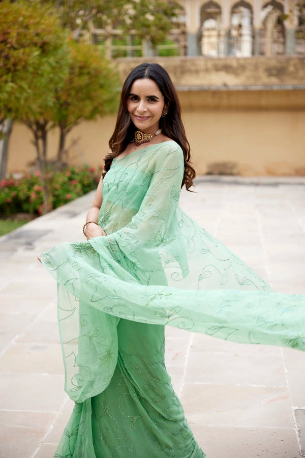 Green Handcrafted Sequins Jaal Chiffon Saree
