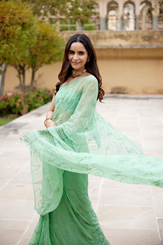 Green Handcrafted Sequins Jaal Chiffon Saree