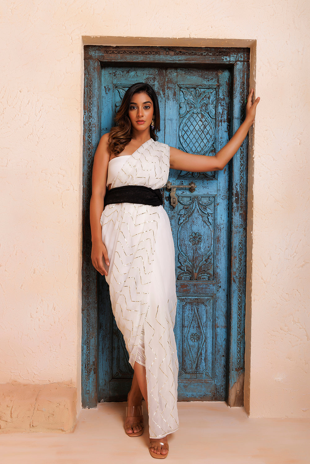 White Handcrafted Gota Jaal Work Chiffon Saree