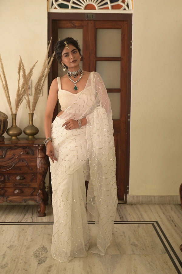 White Chiffon Gota Patti Saree – Handcrafted in Jaipur