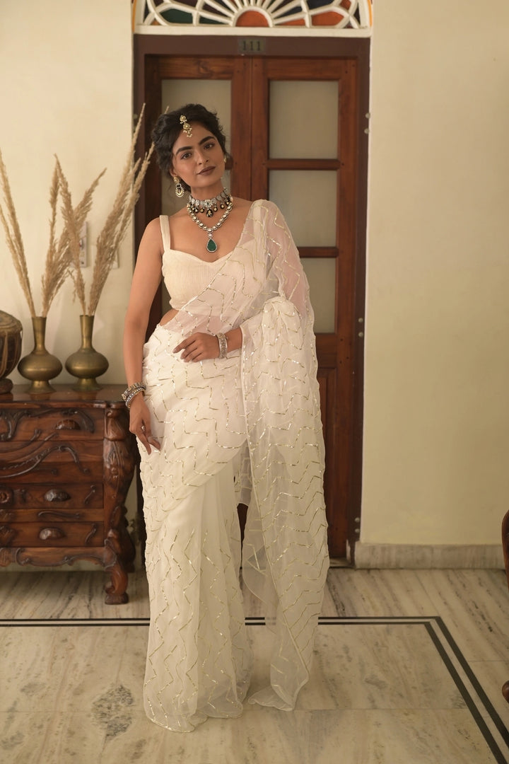 White Chiffon Gota Patti Saree – Handcrafted in Jaipur