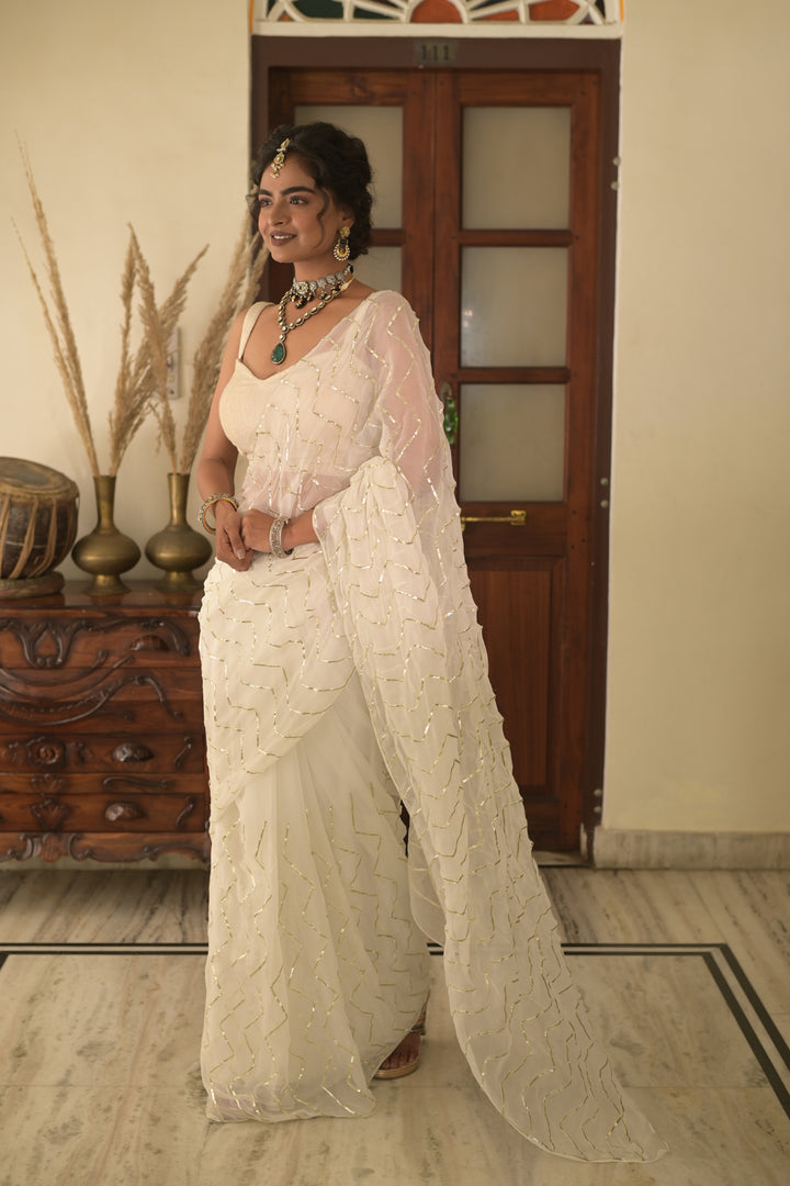 White Chiffon Gota Patti Saree – Handcrafted in Jaipur